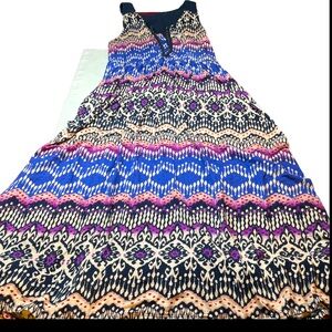 Lucky Brand 2XL LONG GEOMETRIC MAXI DRESS Lace Shoulder Blue Purple Cotton Modal